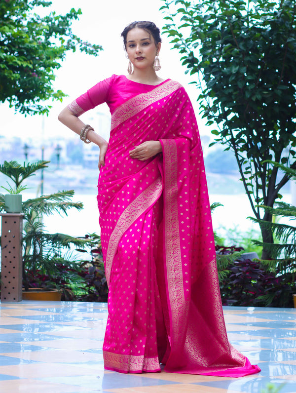 Banarasee Handloom Soft Silk Saree With Zari Buti Design & Border-Pink