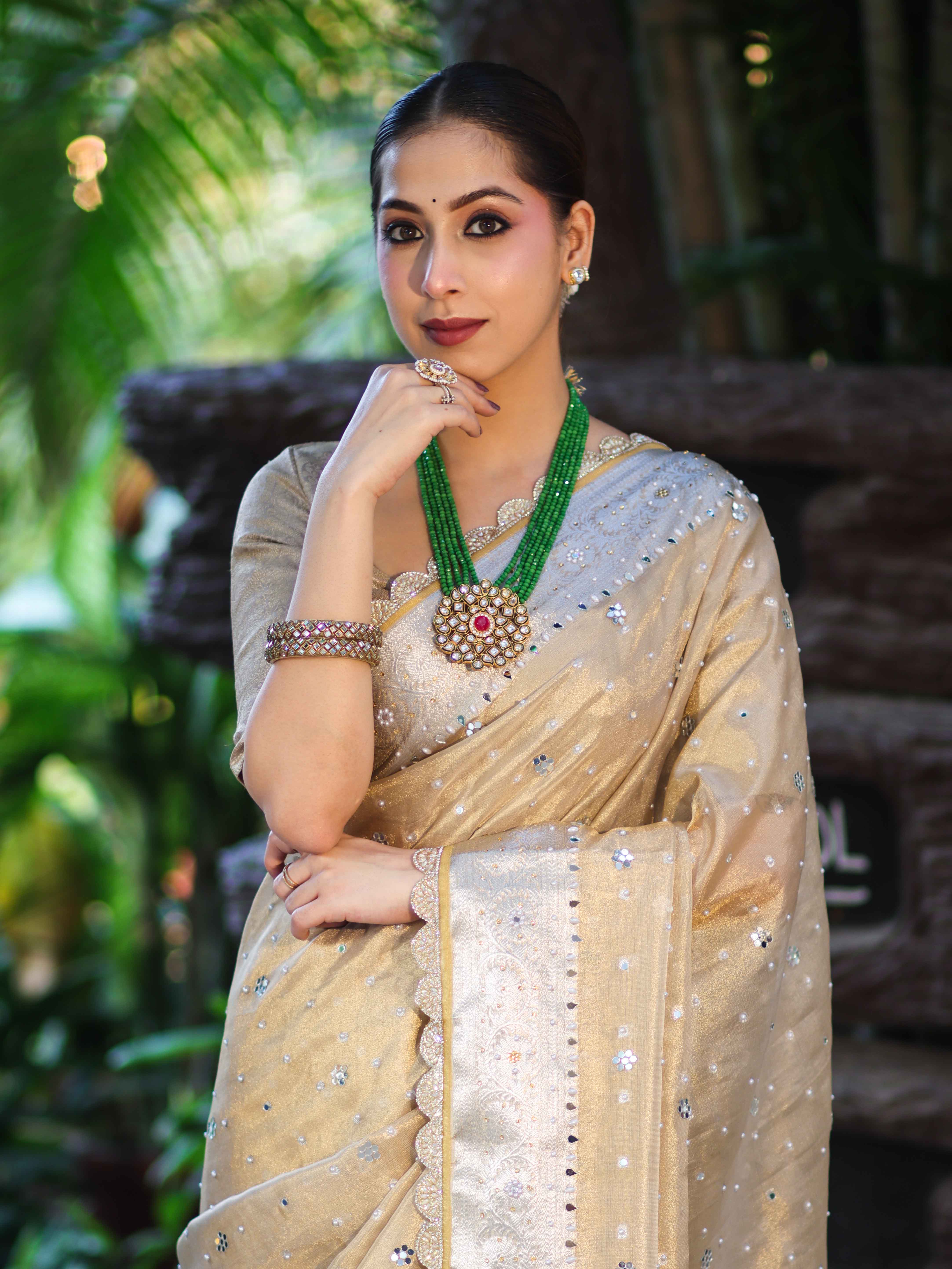 Banarasee Tissue Hand Embroidered Mirror Work Saree With Pearl Motifs & Swarovski Work-Gold