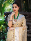 Banarasee Tissue Hand Embroidered Mirror Work Saree With Pearl Motifs & Swarovski Work-Gold