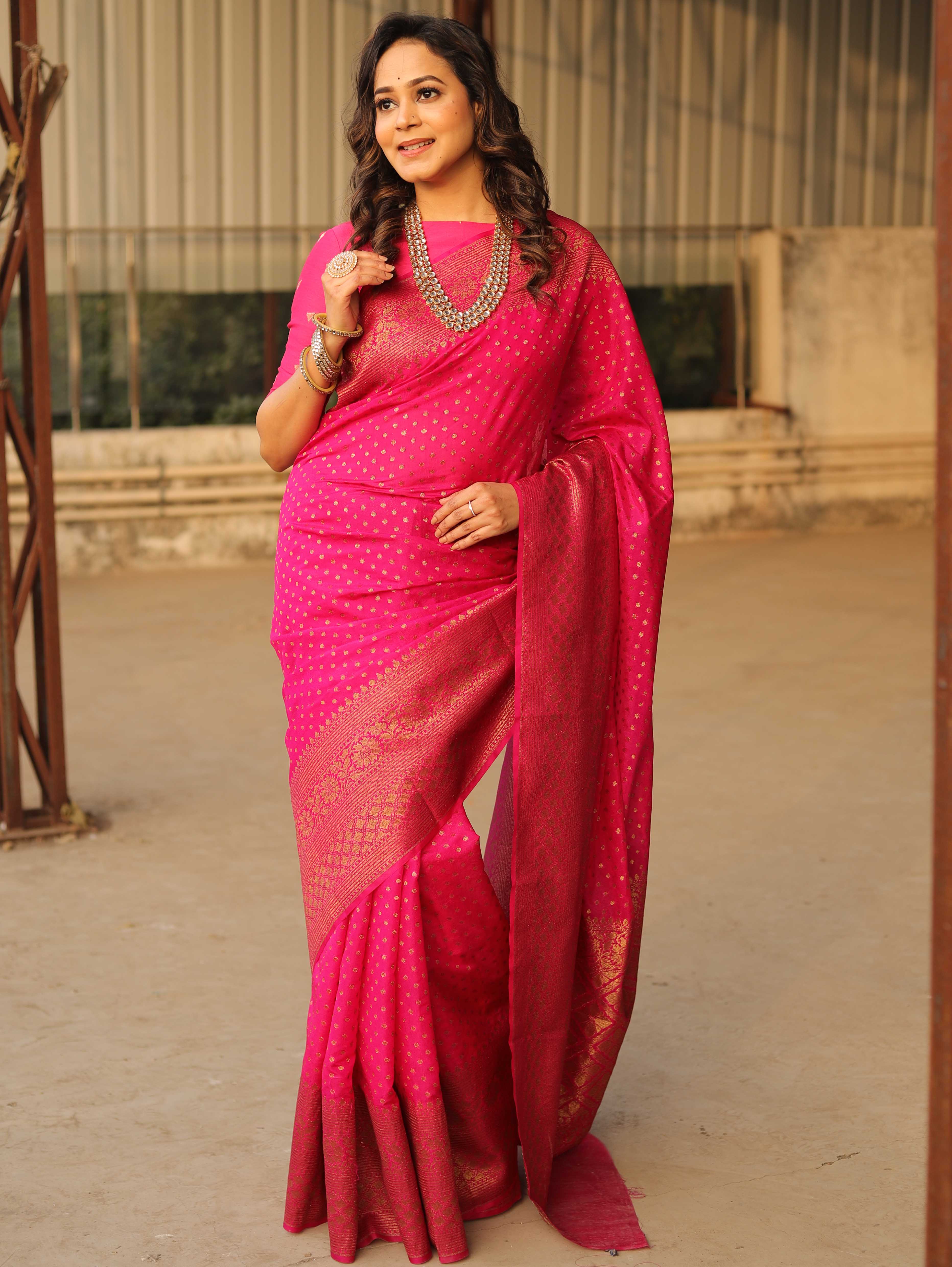 Banarasee Semi-Chiffon Saree With Antique Gold Zari Work-Pink