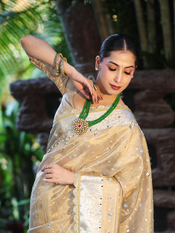 Banarasee Tissue Hand Embroidered Mirror Work Saree With Pearl Motifs & Swarovski Work-Gold