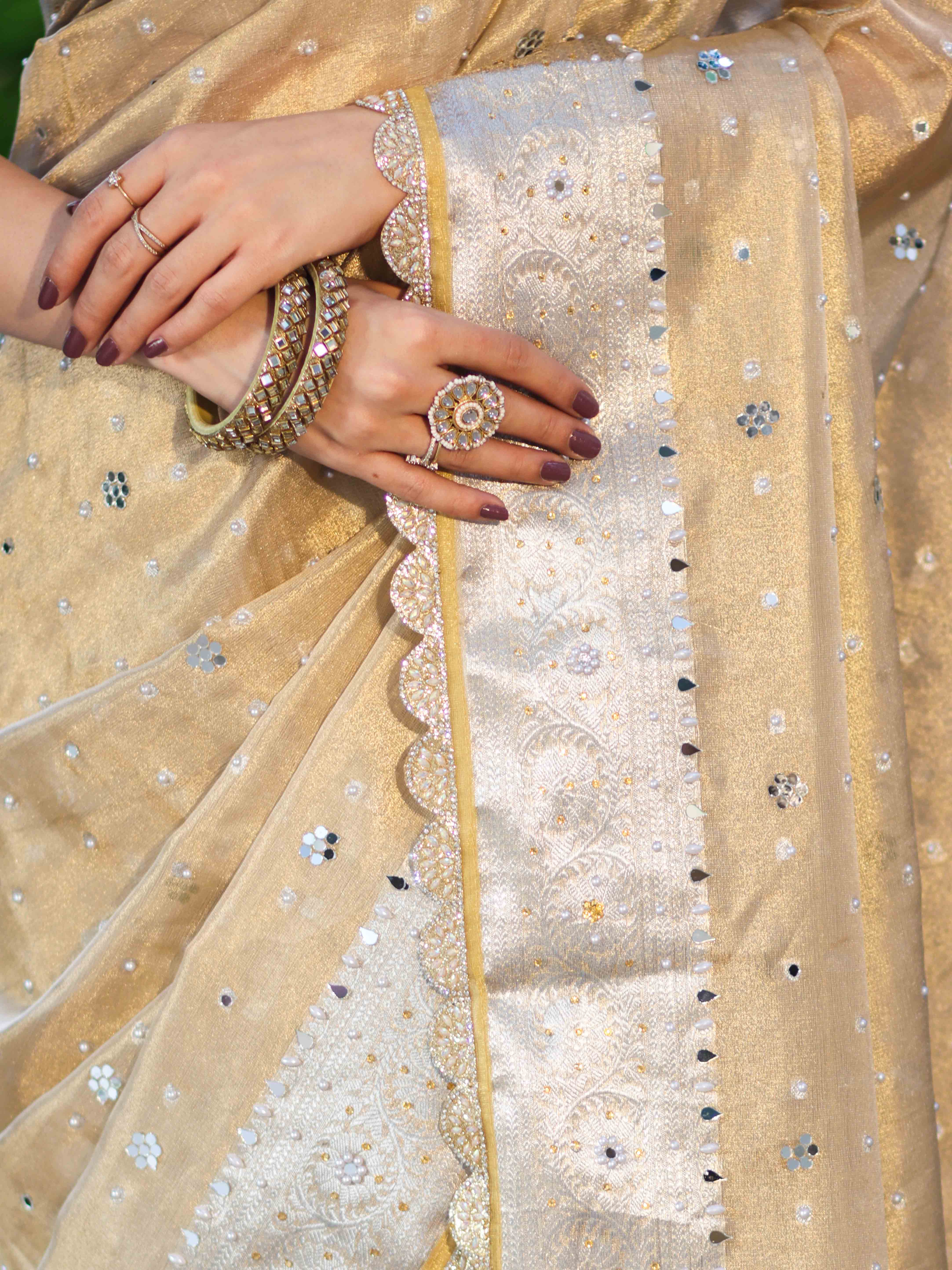 Banarasee Tissue Hand Embroidered Mirror Work Saree With Pearl Motifs & Swarovski Work-Gold