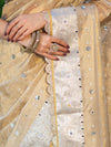 Banarasee Tissue Hand Embroidered Mirror Work Saree With Pearl Motifs & Swarovski Work-Gold