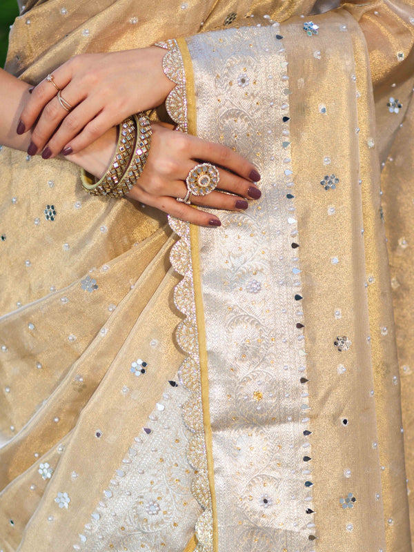 Banarasee Tissue Hand Embroidered Mirror Work Saree With Pearl Motifs & Swarovski Work-Gold
