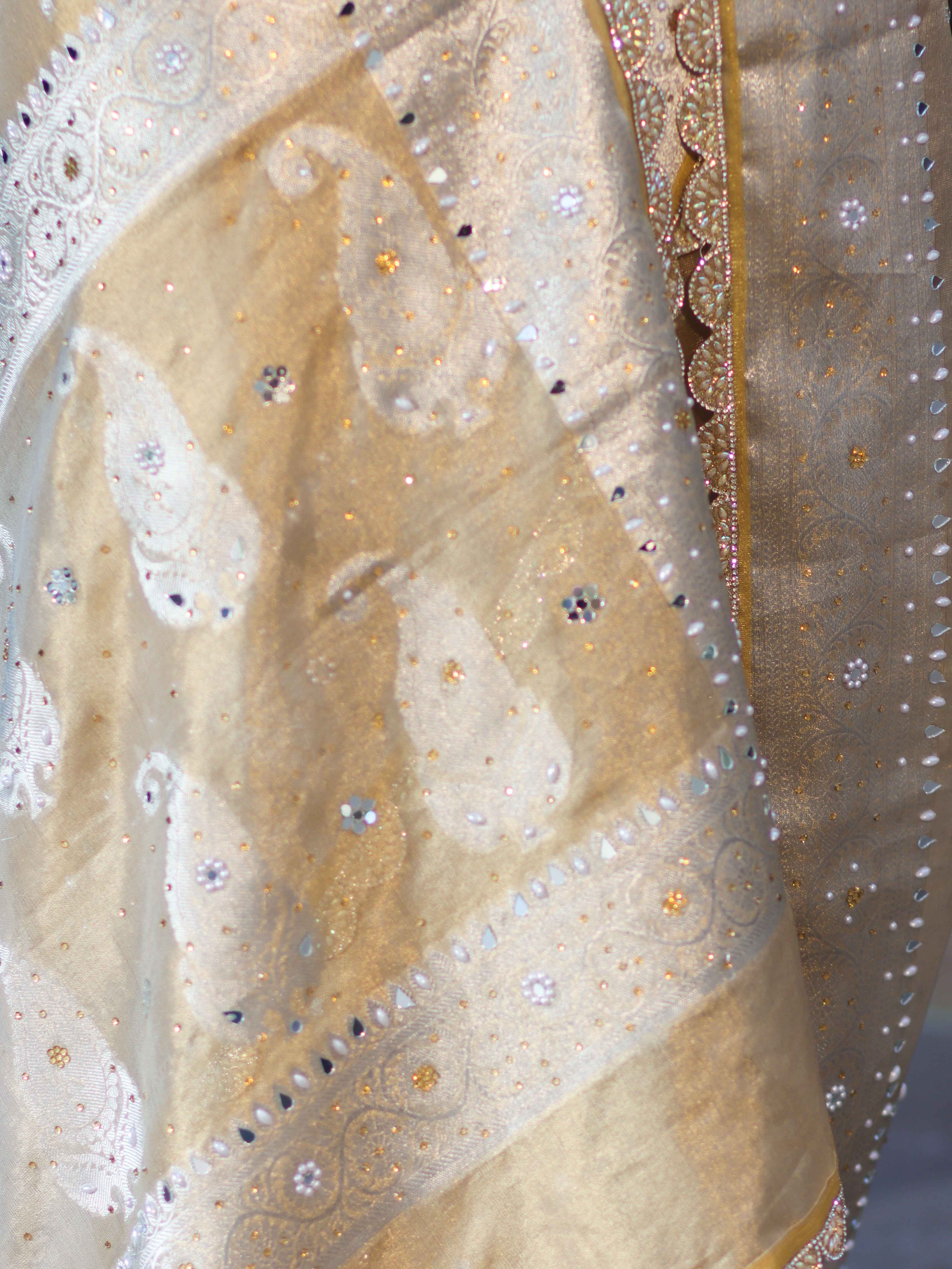 Banarasee Tissue Hand Embroidered Mirror Work Saree With Pearl Motifs & Swarovski Work-Gold
