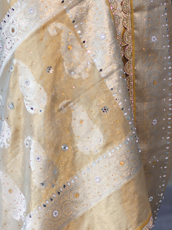 Banarasee Tissue Hand Embroidered Mirror Work Saree With Pearl Motifs & Swarovski Work-Gold