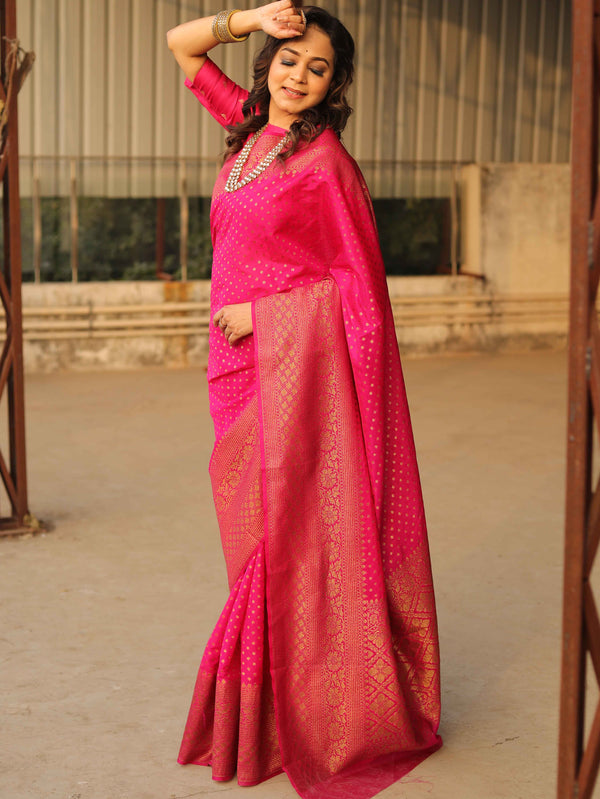 Banarasee Semi-Chiffon Saree With Antique Gold Zari Work-Pink