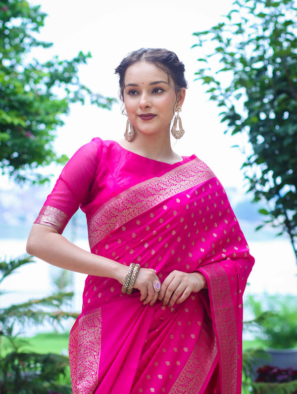 Banarasee Handloom Soft Silk Saree With Zari Buti Design & Border-Pink