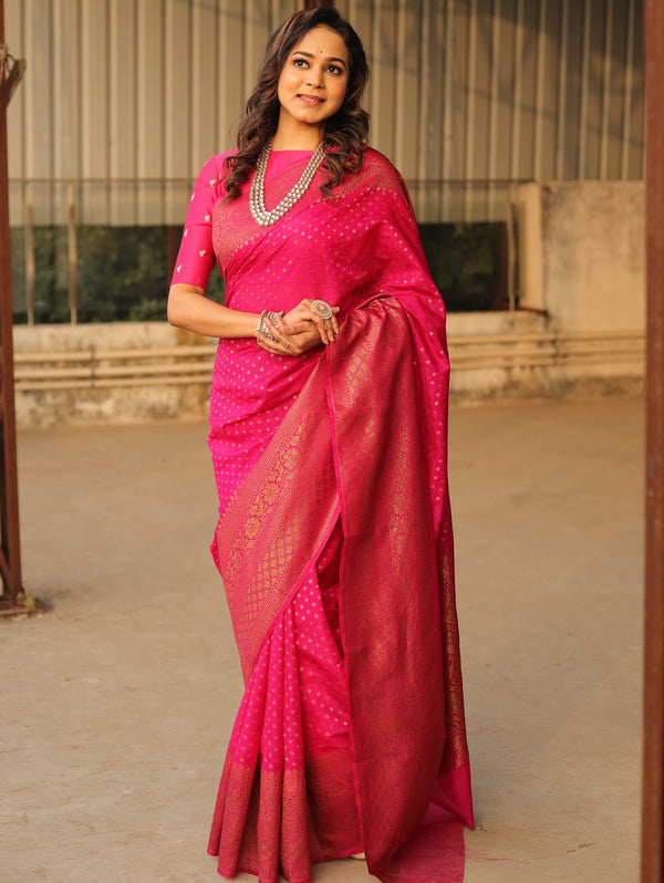 Banarasee Semi-Chiffon Saree With Antique Gold Zari Work-Pink