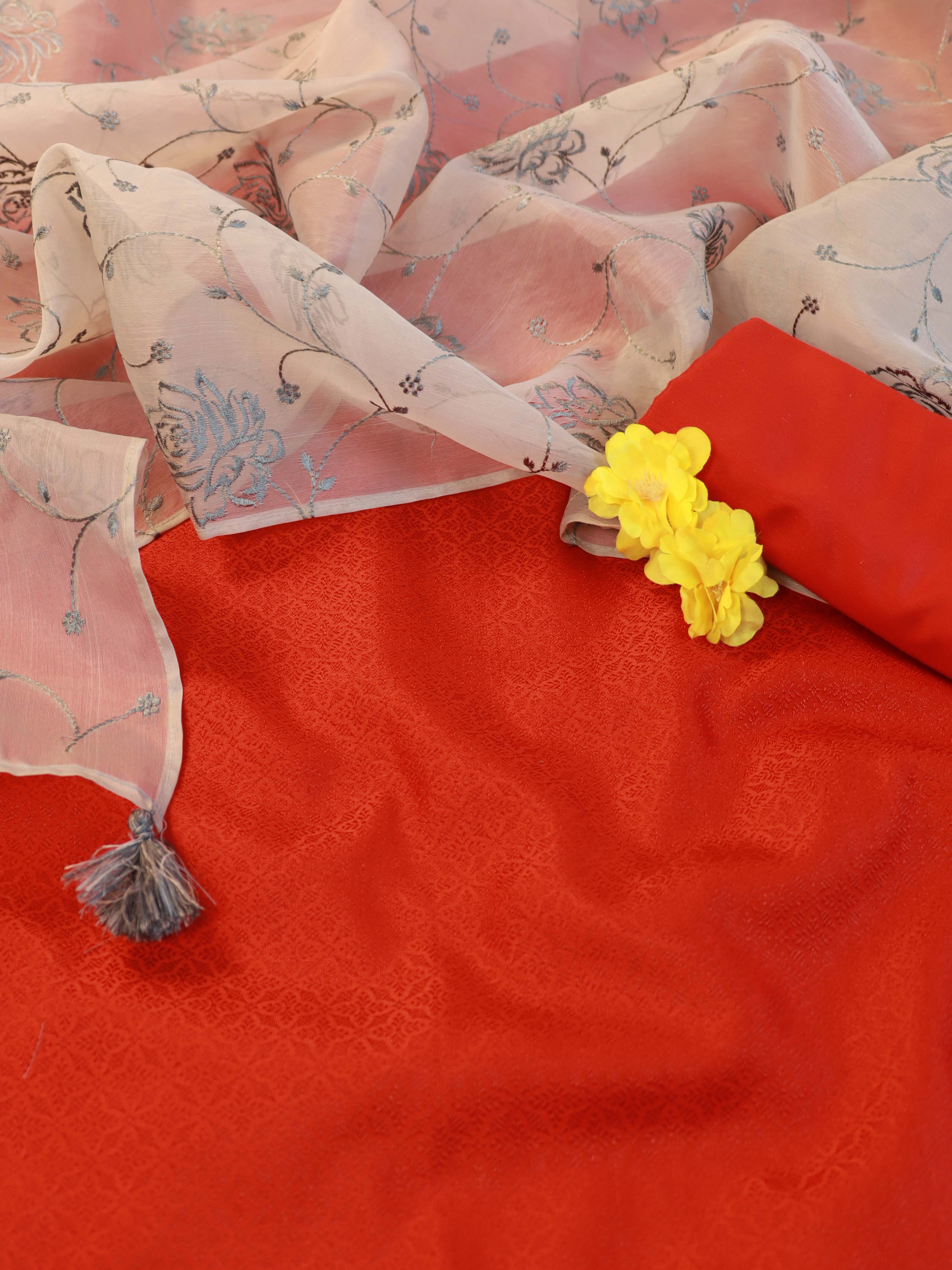 Banarasee Brocade Salwar Kameez Fabric With Embroidered Dupatta-Red & Grey