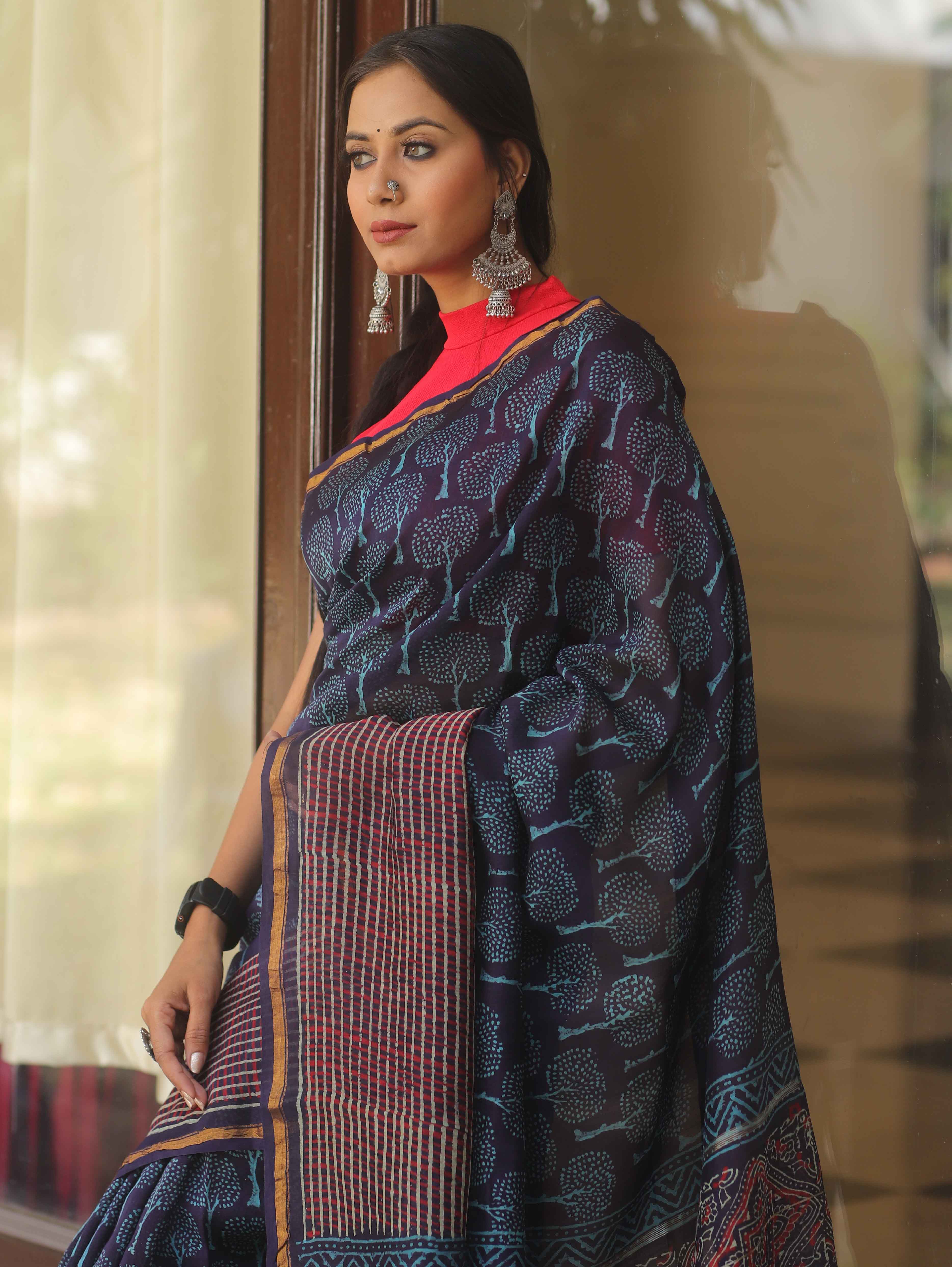 Banarasee Handloom Chanderi Bagru Block Printed Saree-Blue
