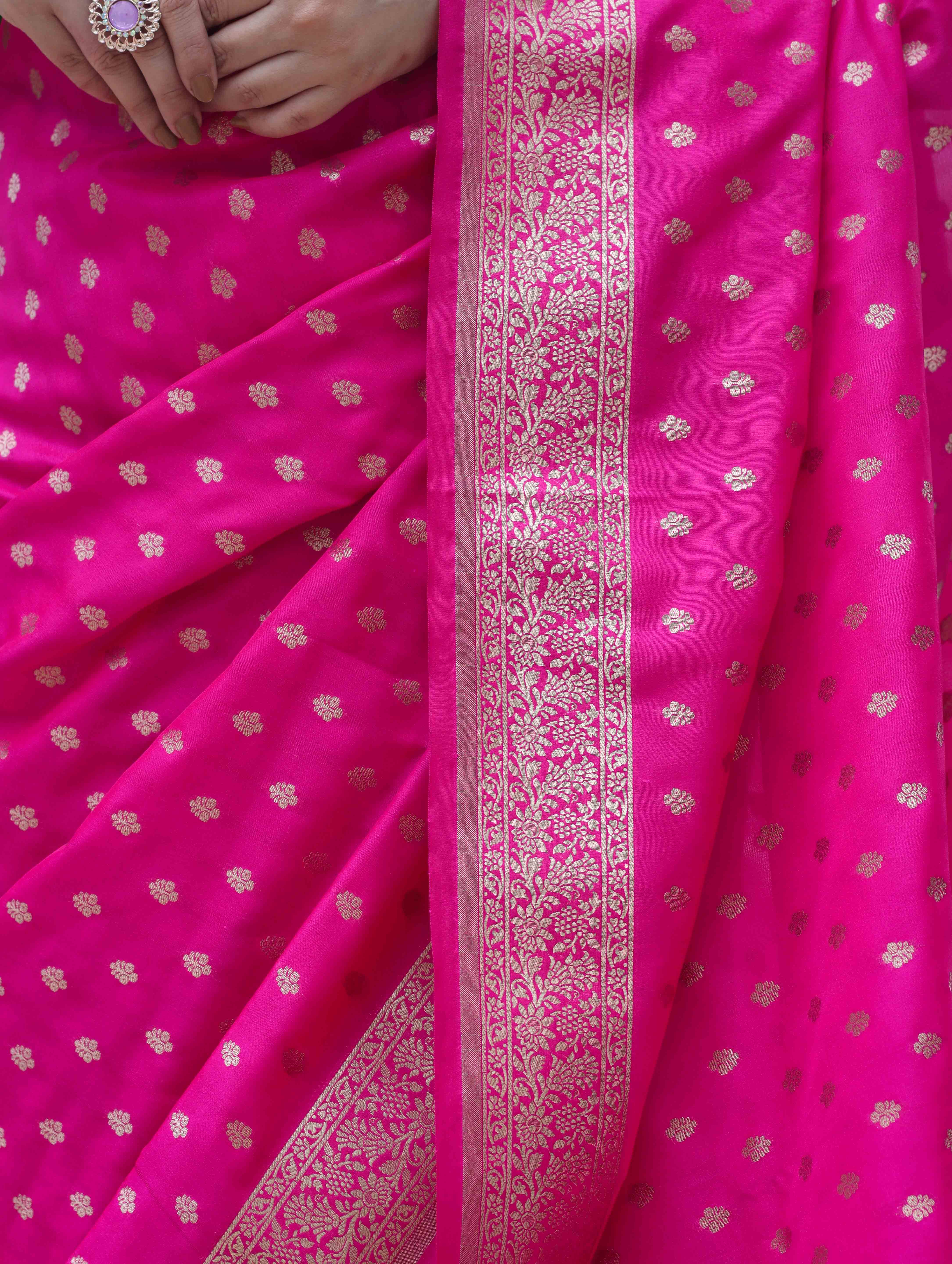 Banarasee Handloom Soft Silk Saree With Zari Buti Design & Border-Pink