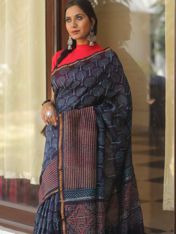 Banarasee Handloom Chanderi Bagru Block Printed Saree-Blue