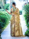 Banarasee Tissue Hand Embroidered Mirror Work Saree With Zari Resham & Ghungroo Work-Yellow