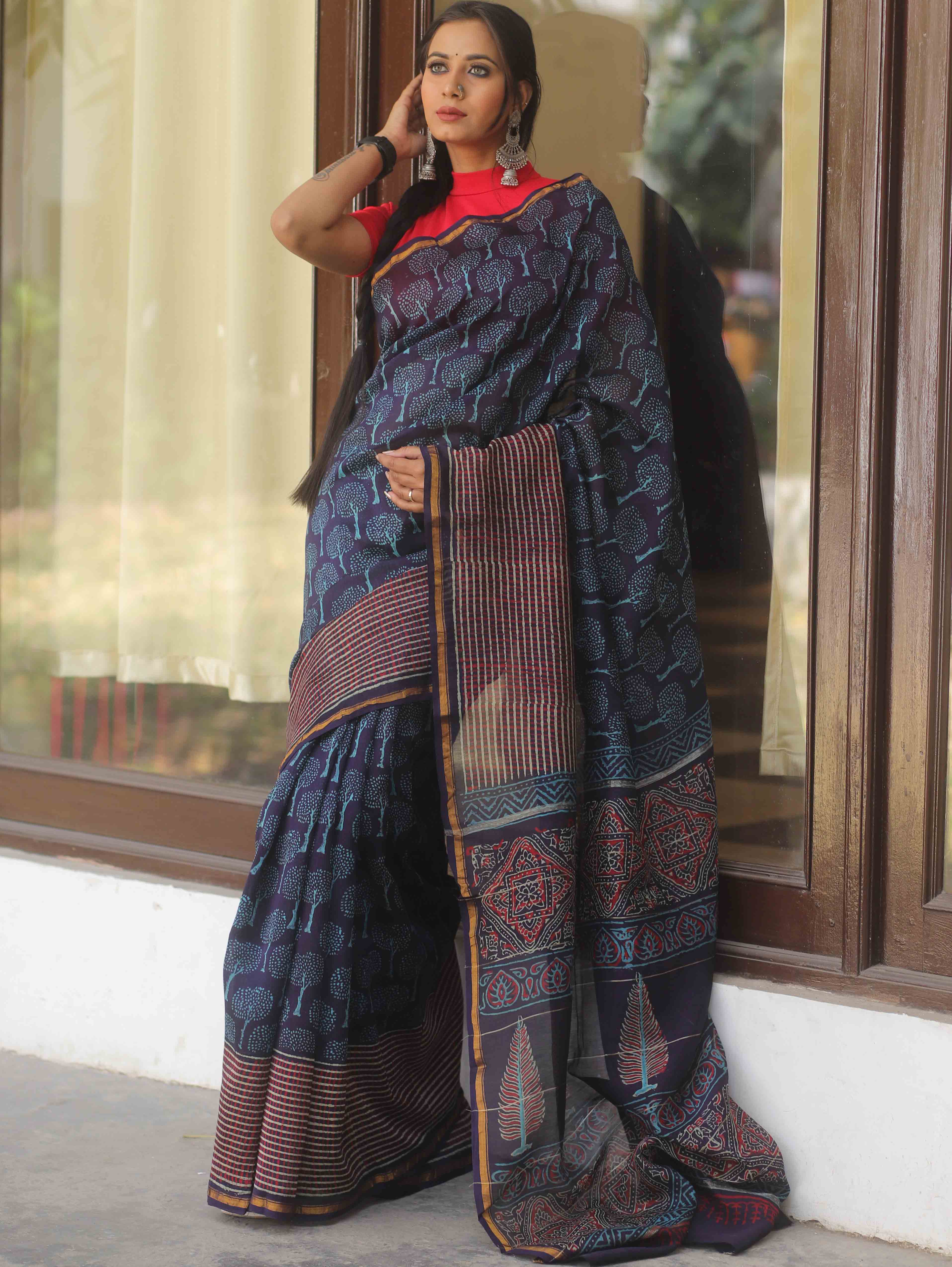 Banarasee Handloom Chanderi Bagru Block Printed Saree-Blue