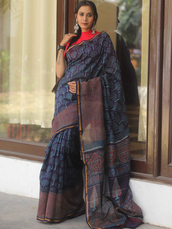 Banarasee Handloom Chanderi Bagru Block Printed Saree-Blue
