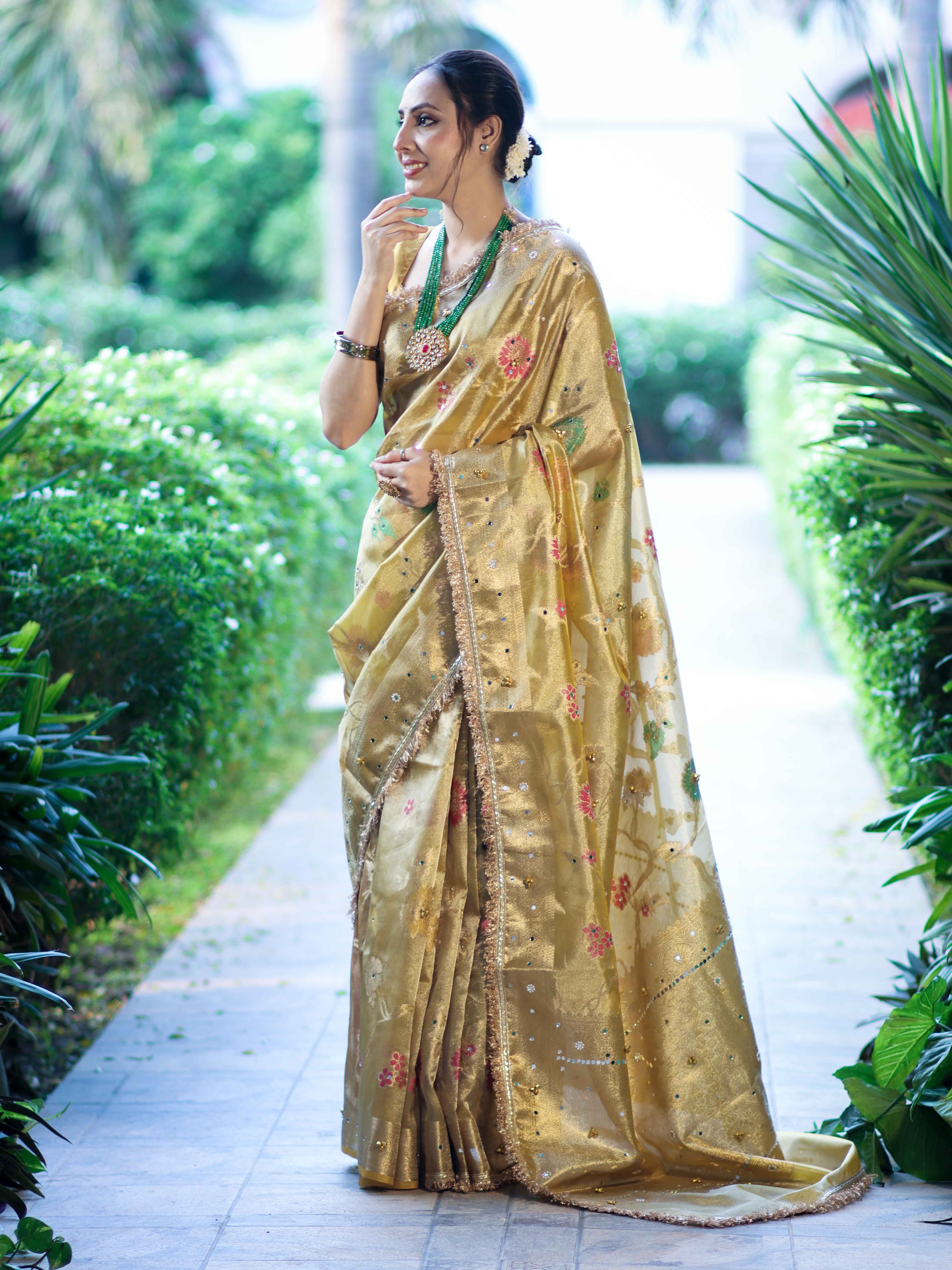 Banarasee Tissue Hand Embroidered Mirror Work Saree With Zari Resham & Ghungroo Work-Yellow