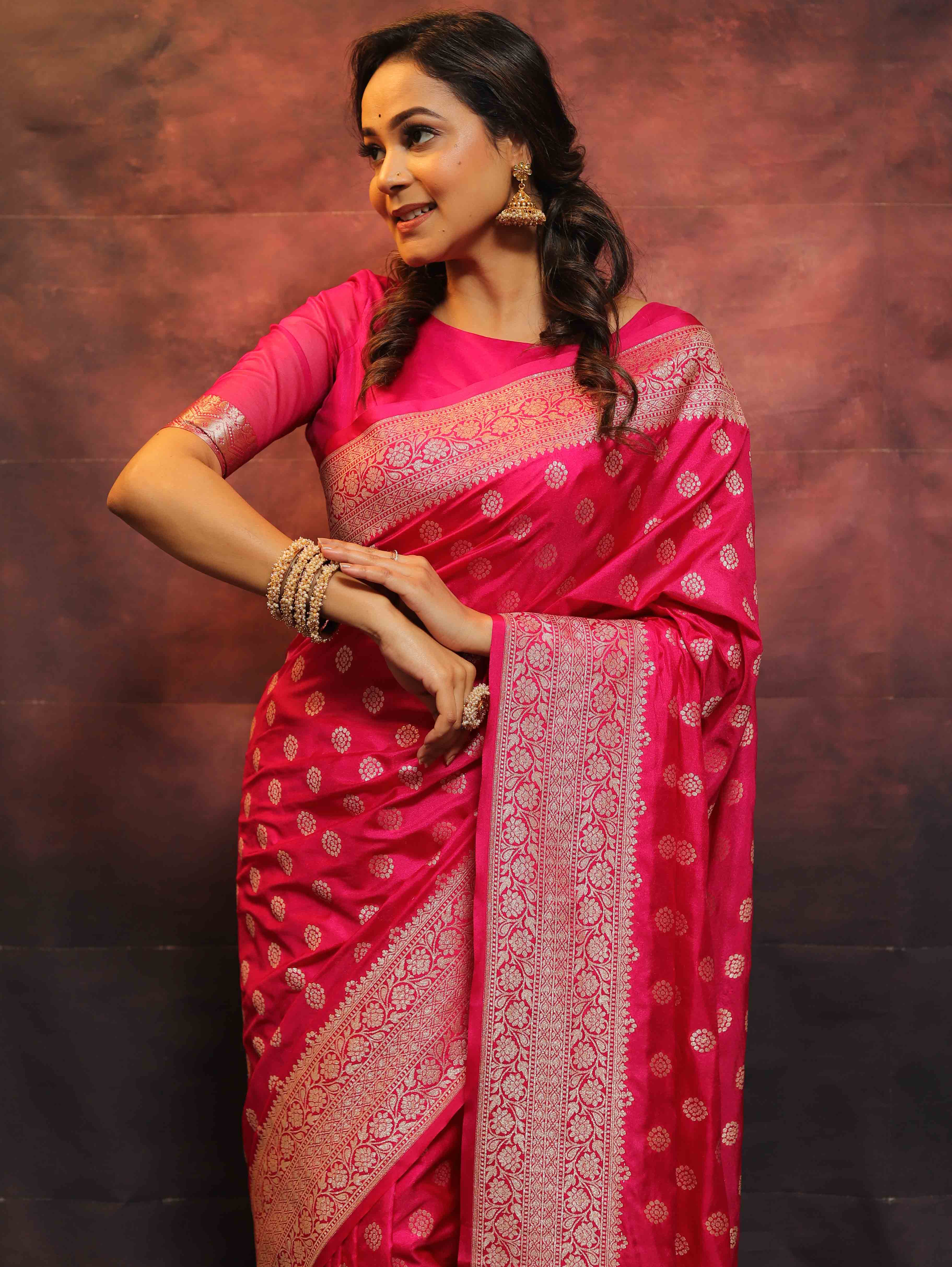 Banarasee Semi-Katan Zari Buta Saree-Pink
