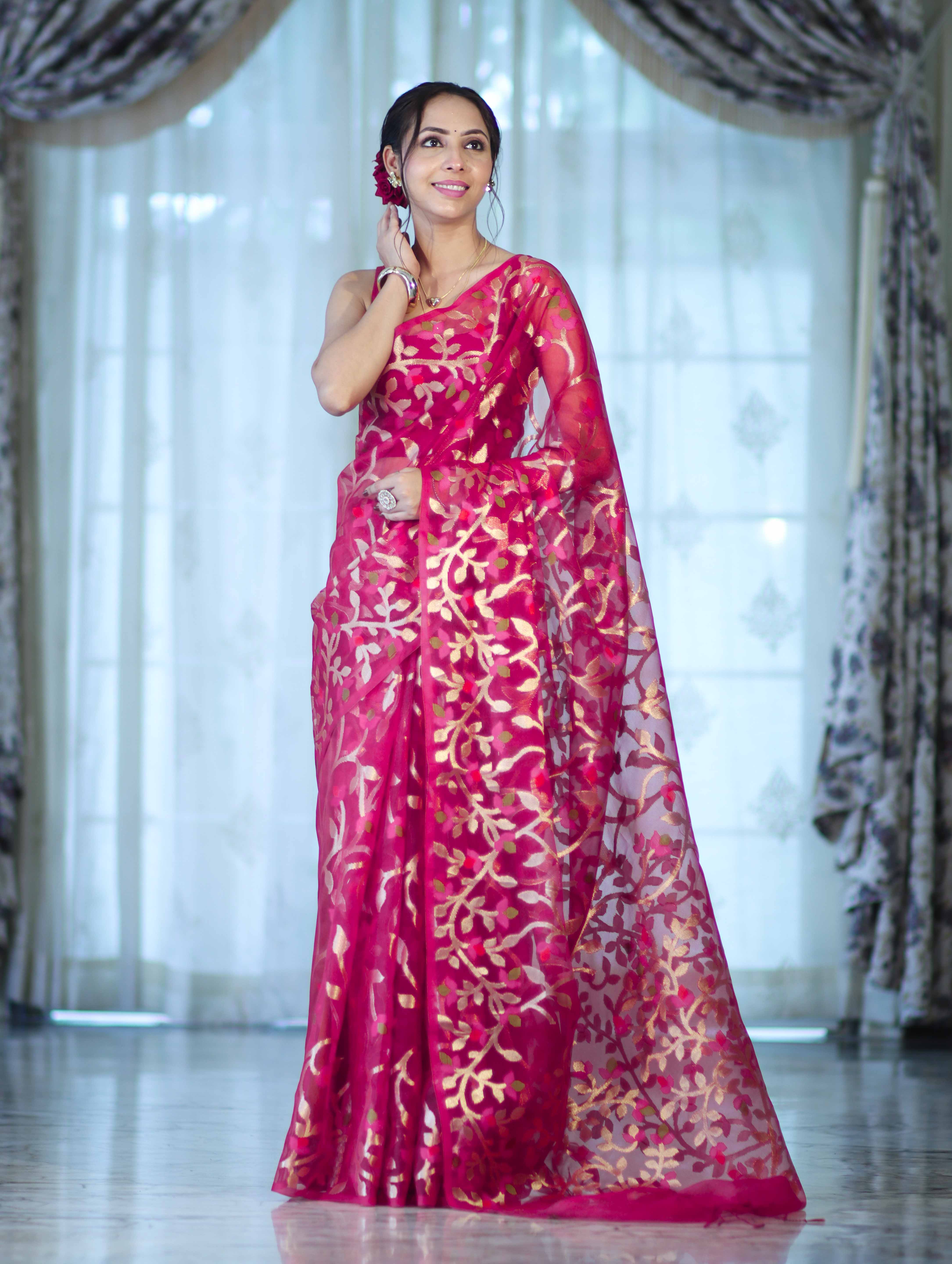 Banarasee Handloom Organza Mix Saree With Zari Woven Design-Pink