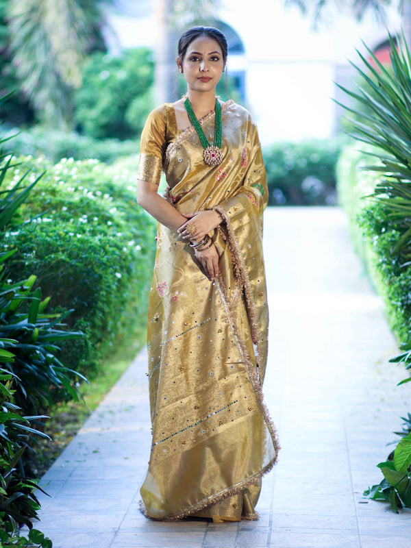 Banarasee Tissue Hand Embroidered Mirror Work Saree With Zari Resham & Ghungroo Work-Yellow