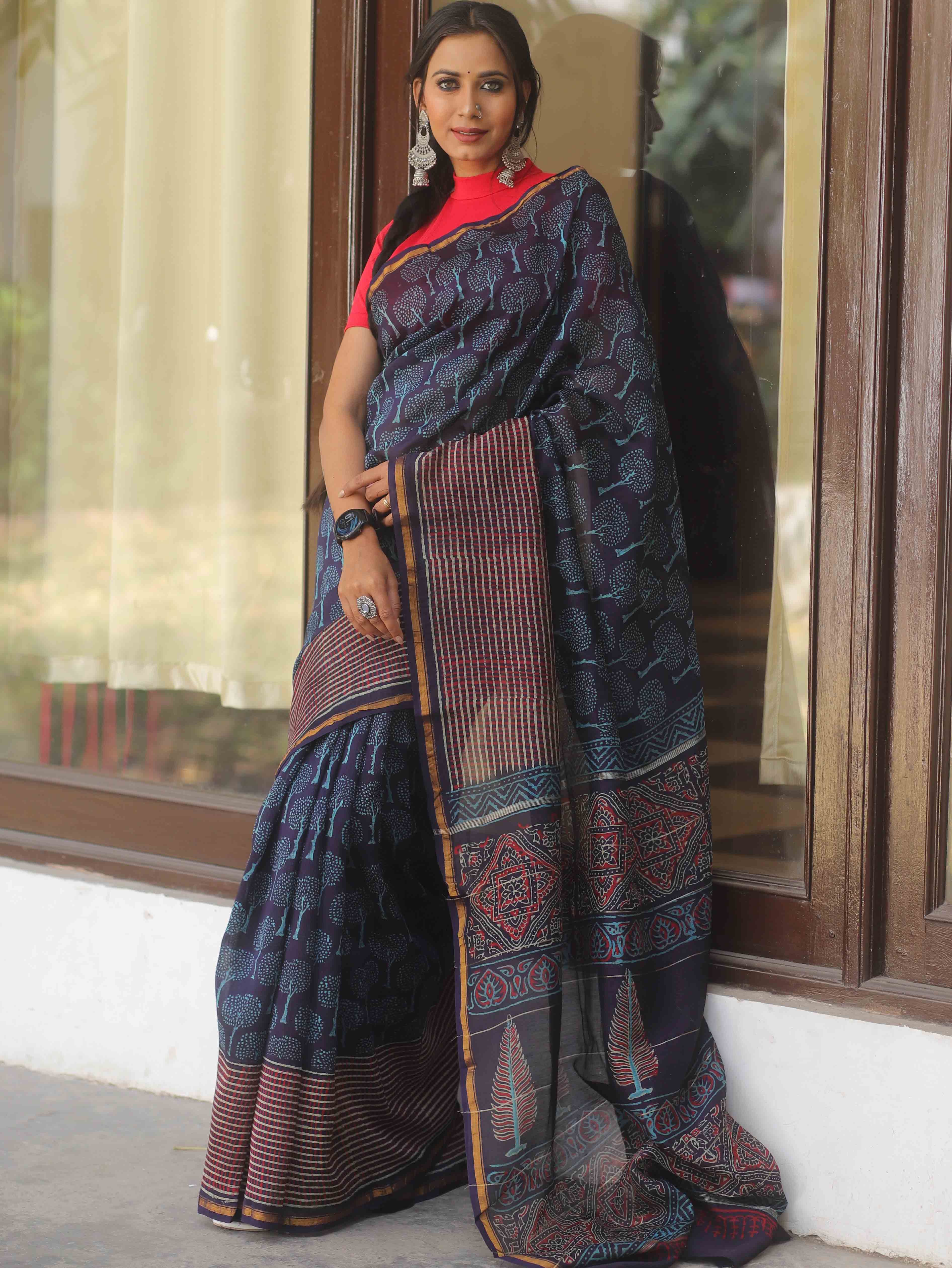Banarasee Handloom Chanderi Bagru Block Printed Saree-Blue