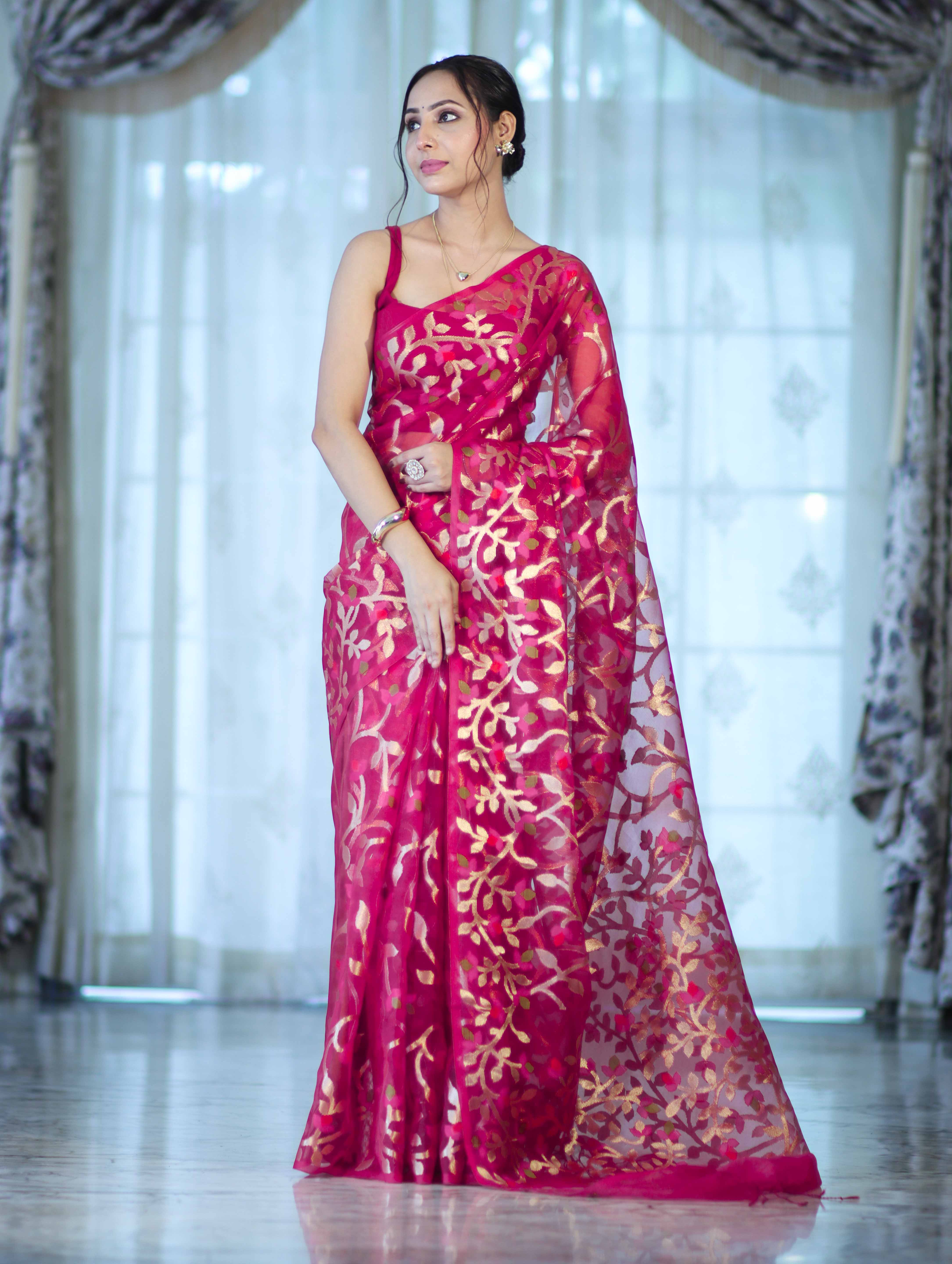 Banarasee Handloom Organza Mix Saree With Zari Woven Design-Pink