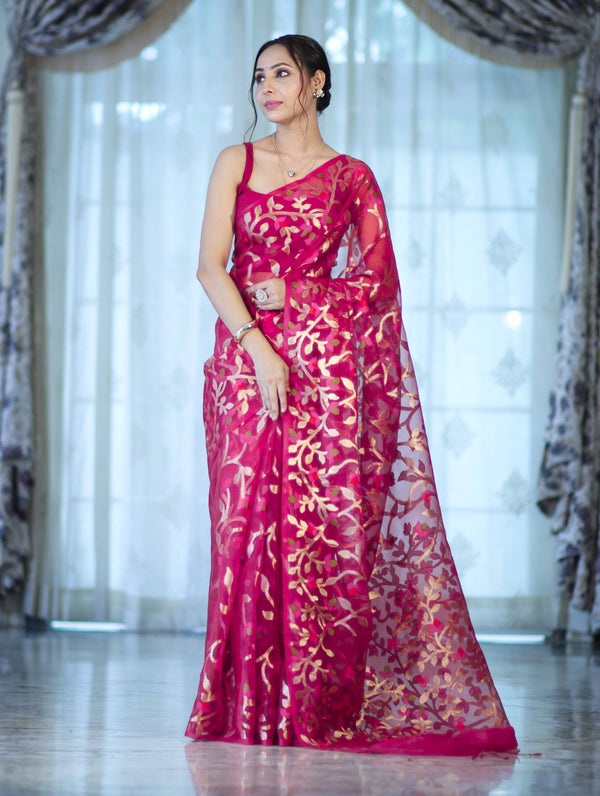 Banarasee Handloom Organza Mix Saree With Zari Woven Design-Pink