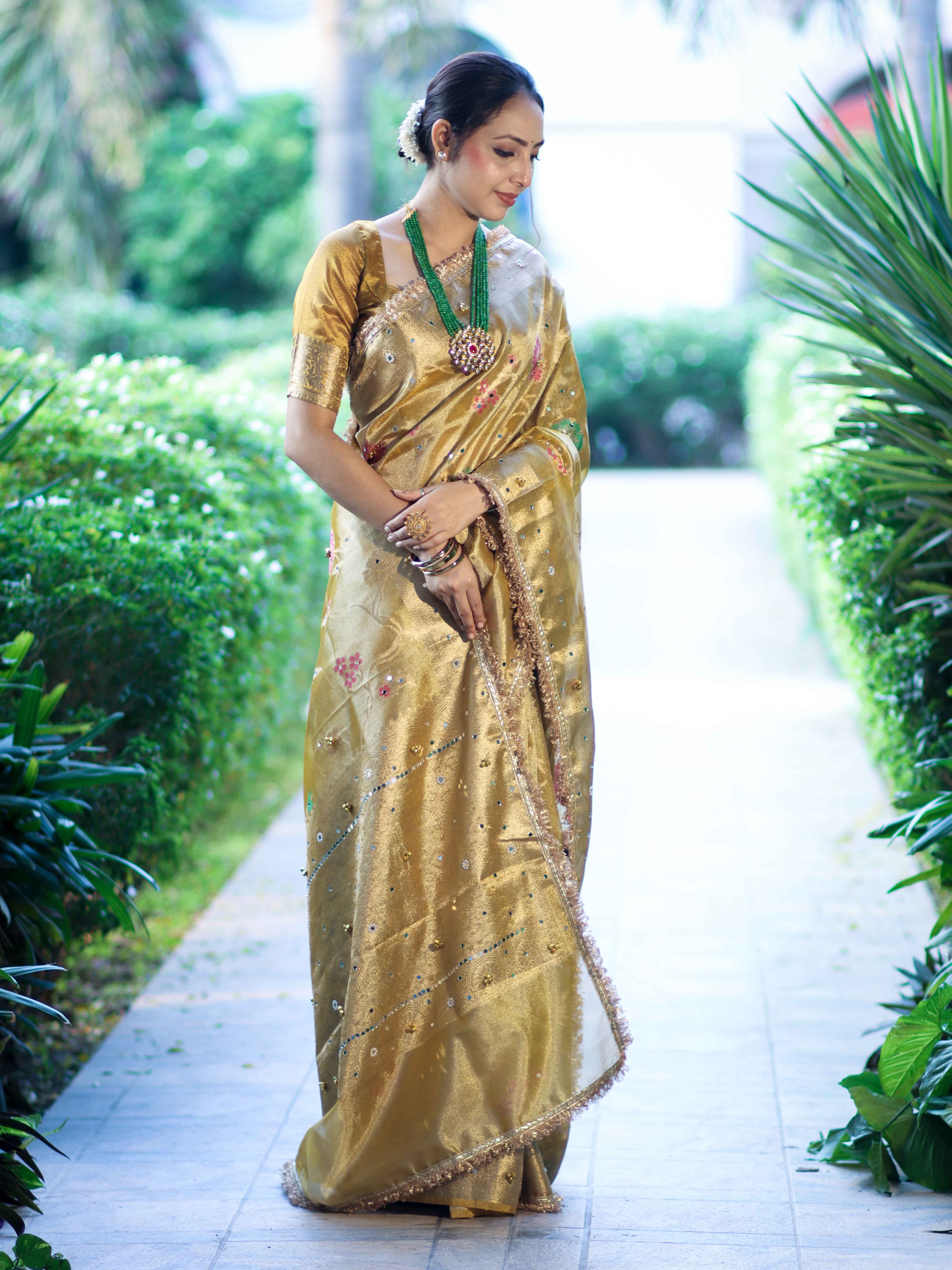 Banarasee Tissue Hand Embroidered Mirror Work Saree With Zari Resham & Ghungroo Work-Yellow