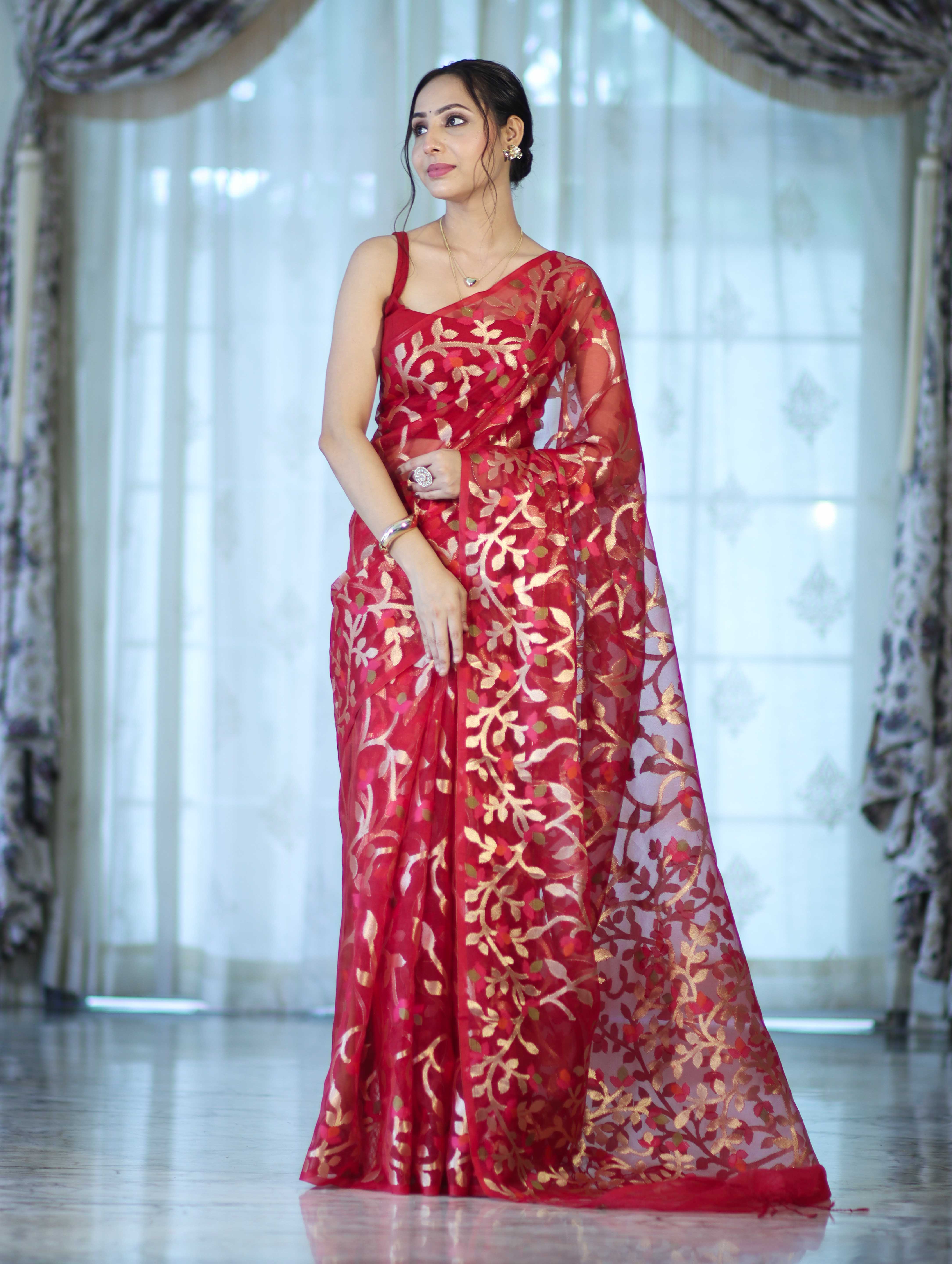 Banarasee Handloom Organza Mix Saree With Zari Woven Design-Maroon