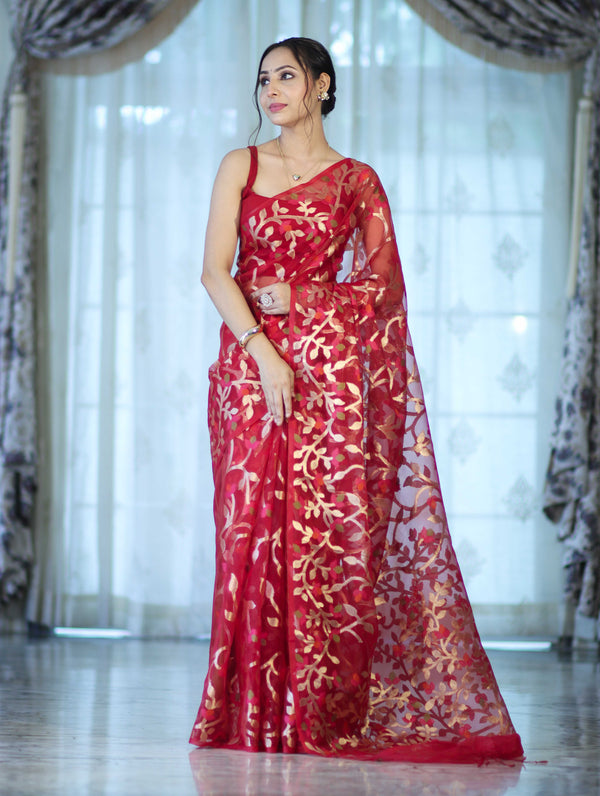 Banarasee Handloom Organza Mix Saree With Zari Woven Design-Maroon