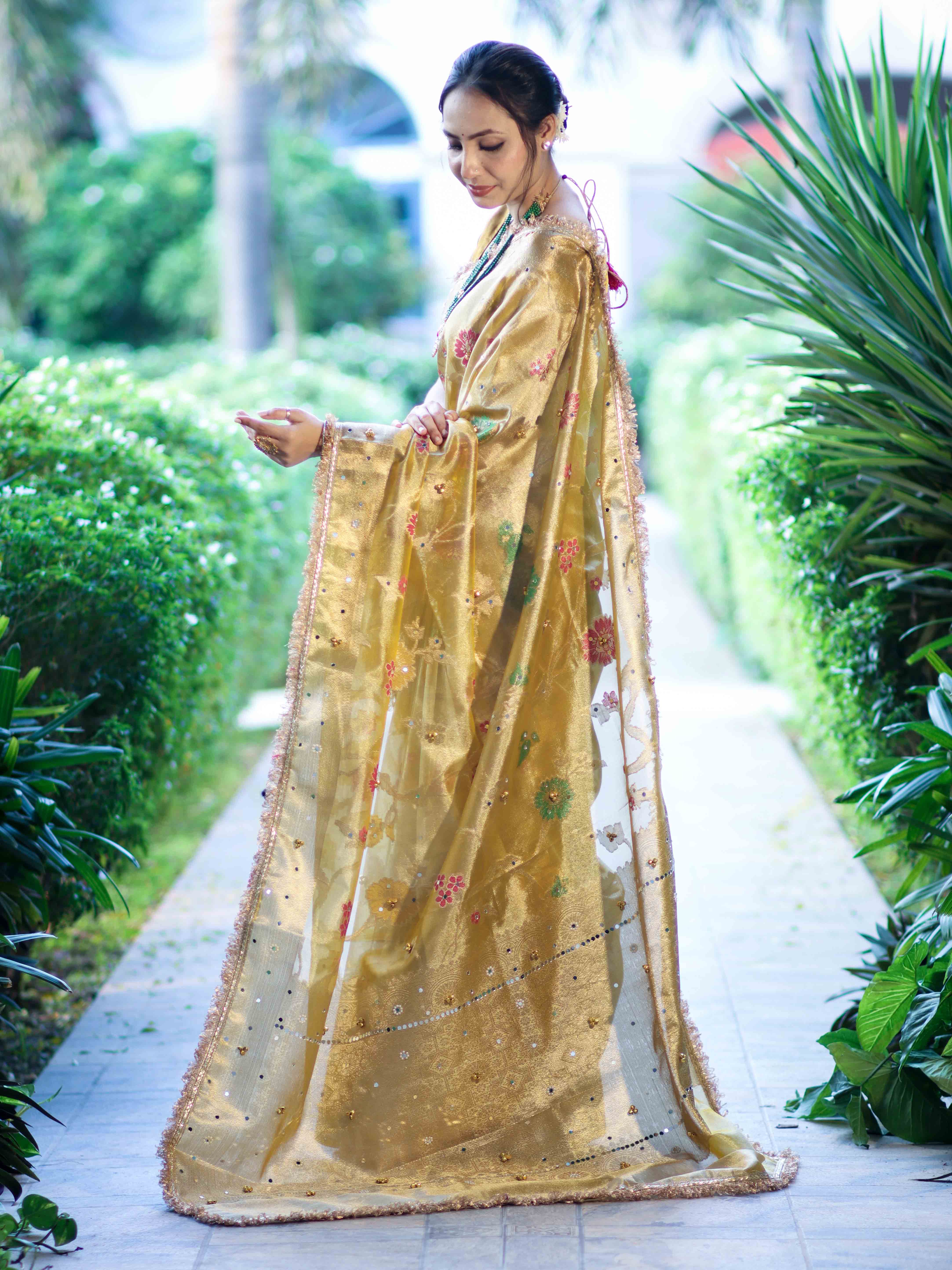 Banarasee Tissue Hand Embroidered Mirror Work Saree With Zari Resham & Ghungroo Work-Yellow