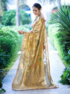 Banarasee Tissue Hand Embroidered Mirror Work Saree With Zari Resham & Ghungroo Work-Yellow