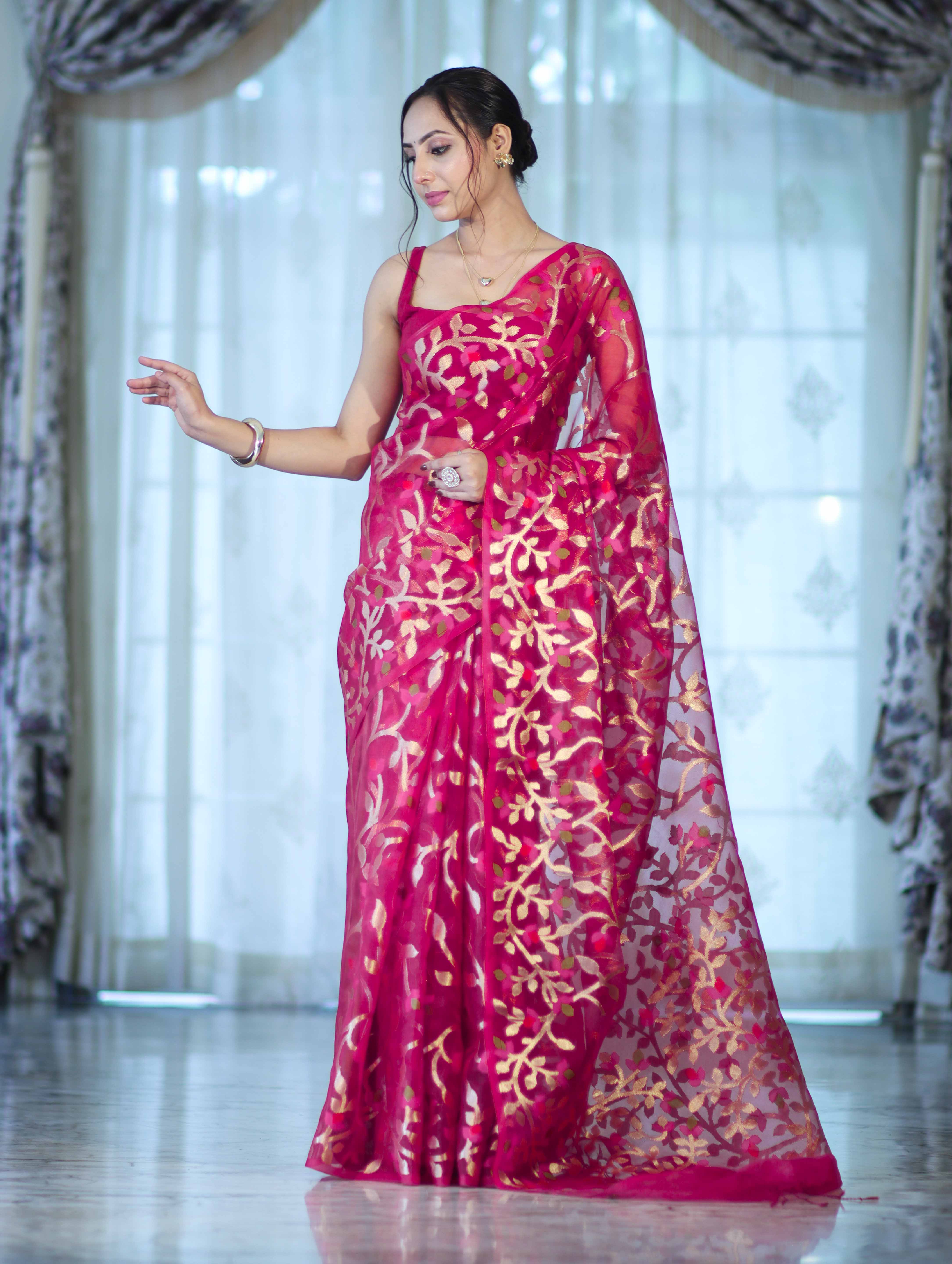 Banarasee Handloom Organza Mix Saree With Zari Woven Design-Pink