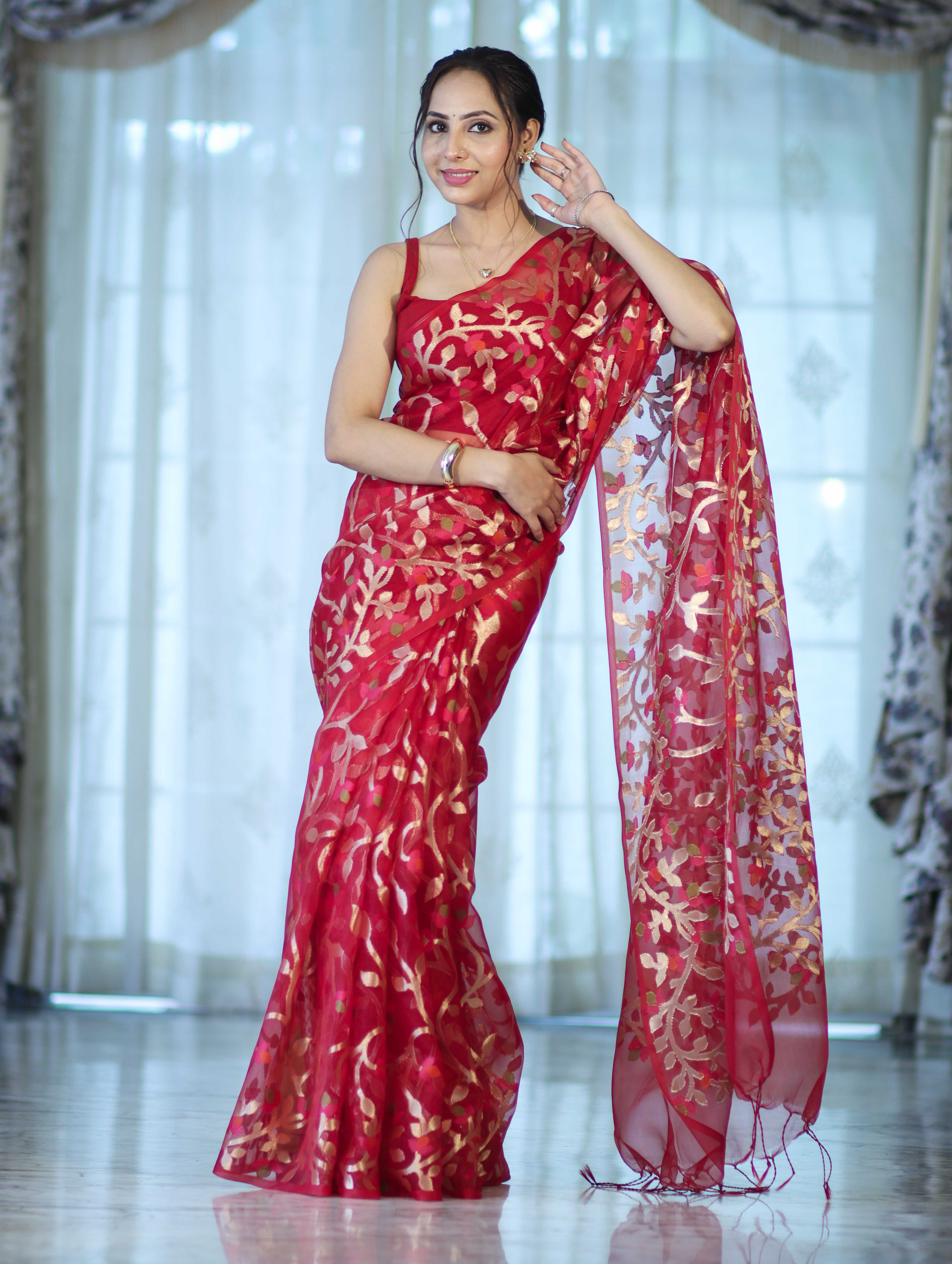 Banarasee Handloom Organza Mix Saree With Zari Woven Design-Maroon