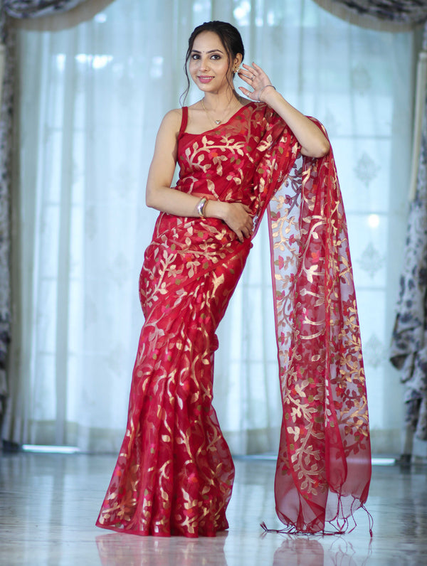 Banarasee Handloom Organza Mix Saree With Zari Woven Design-Maroon