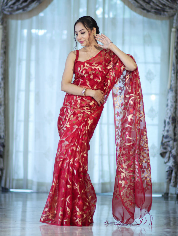 Banarasee Handloom Organza Mix Saree With Zari Woven Design-Maroon