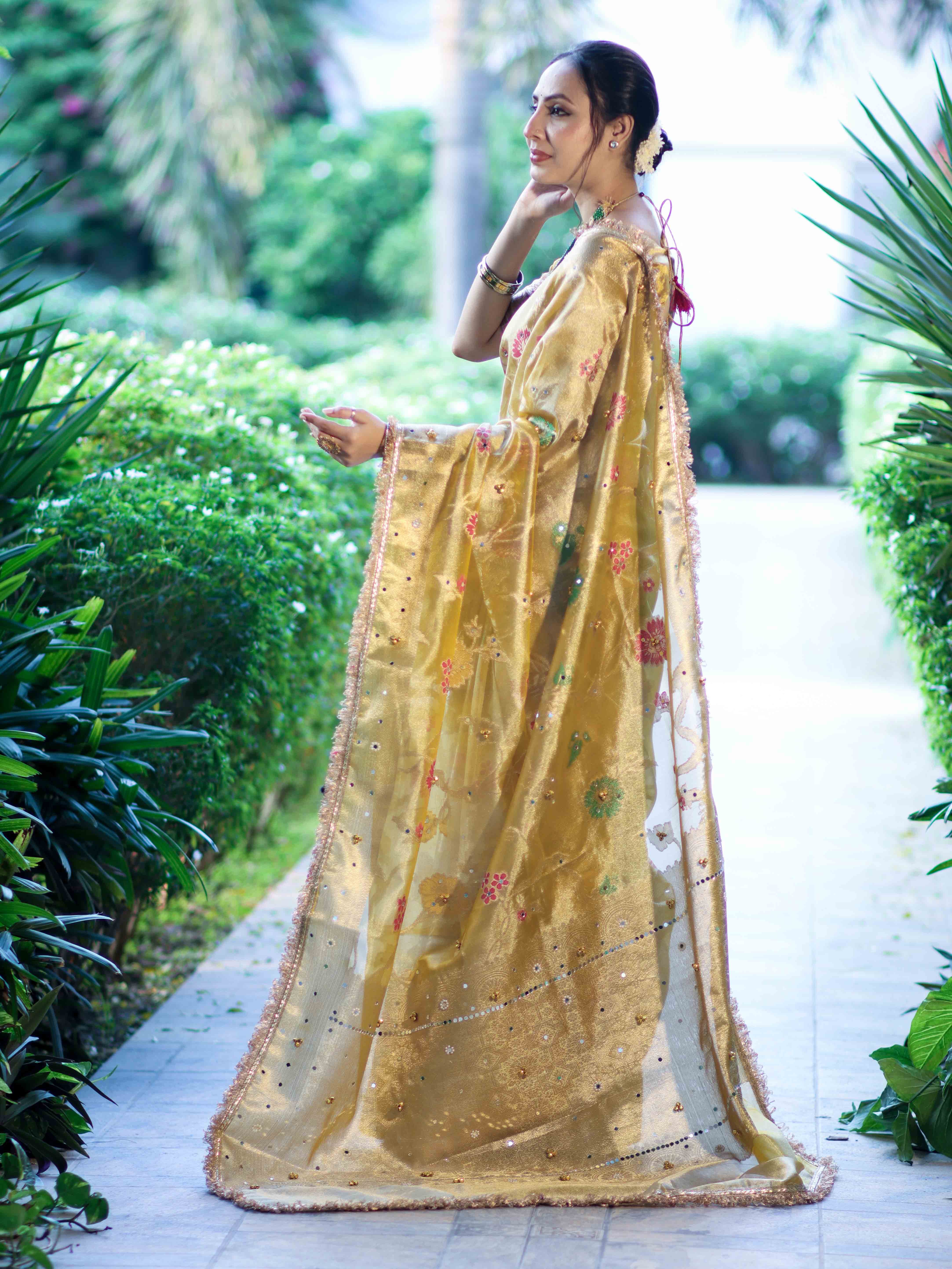 Banarasee Tissue Hand Embroidered Mirror Work Saree With Zari Resham & Ghungroo Work-Yellow
