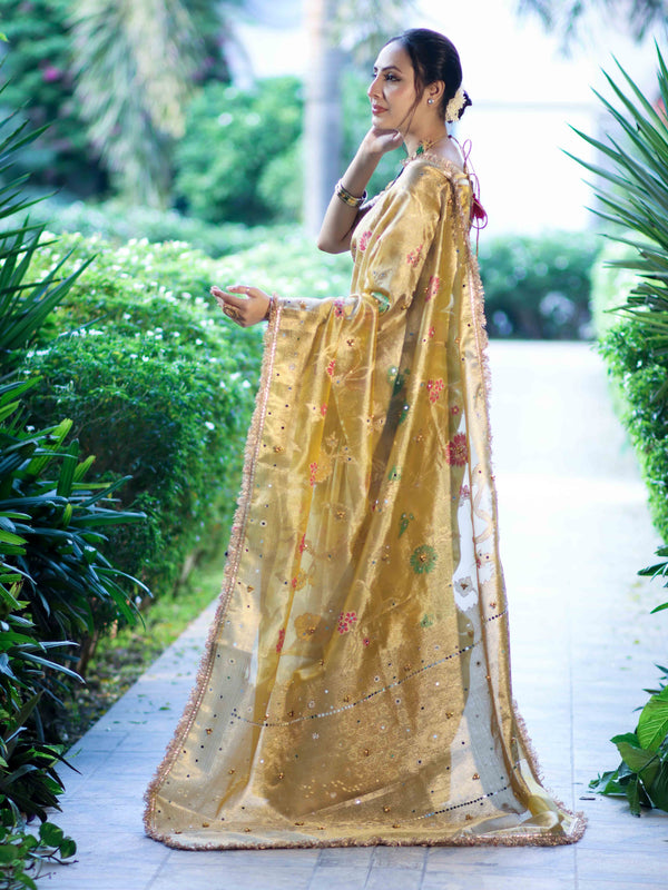 Banarasee Tissue Hand Embroidered Mirror Work Saree With Zari Resham & Ghungroo Work-Yellow