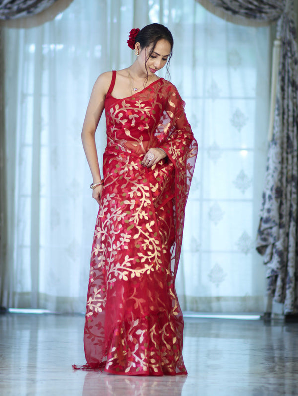 Banarasee Handloom Organza Mix Saree With Zari Woven Design-Maroon