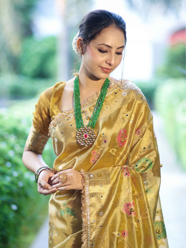Banarasee Tissue Hand Embroidered Mirror Work Saree With Zari Resham & Ghungroo Work-Yellow