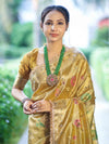 Banarasee Tissue Hand Embroidered Mirror Work Saree With Zari Resham & Ghungroo Work-Yellow