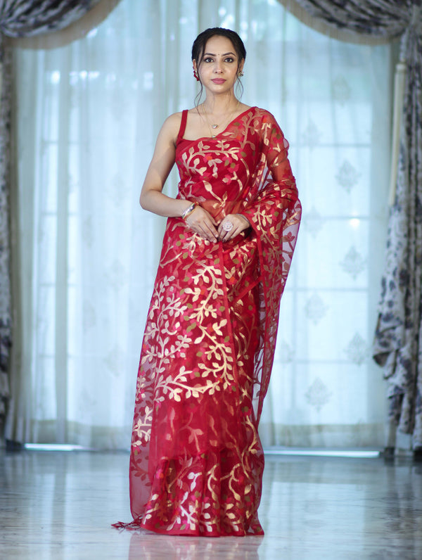 Banarasee Handloom Organza Mix Saree With Zari Woven Design-Maroon