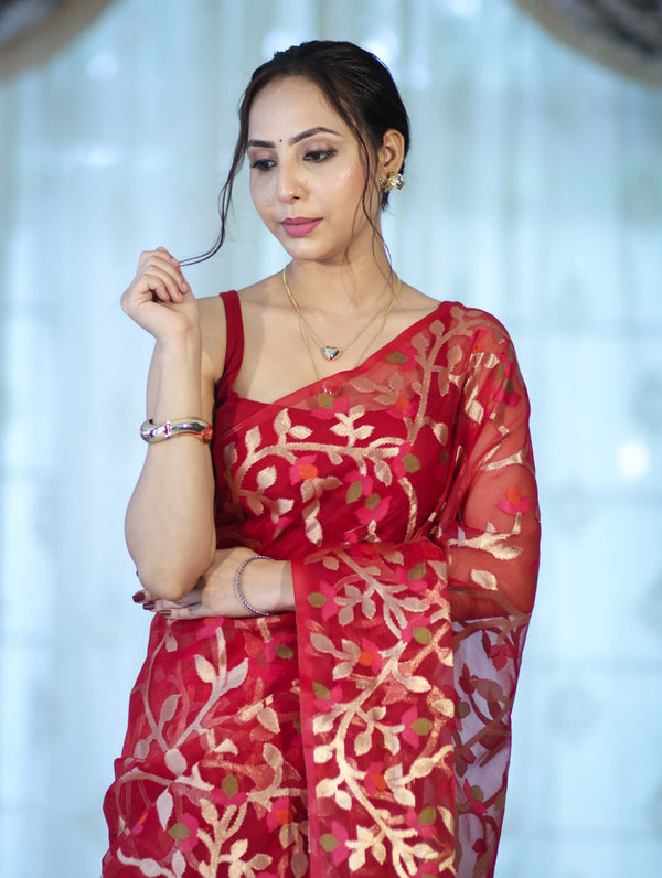 Banarasee Handloom Organza Mix Saree With Zari Woven Design-Maroon