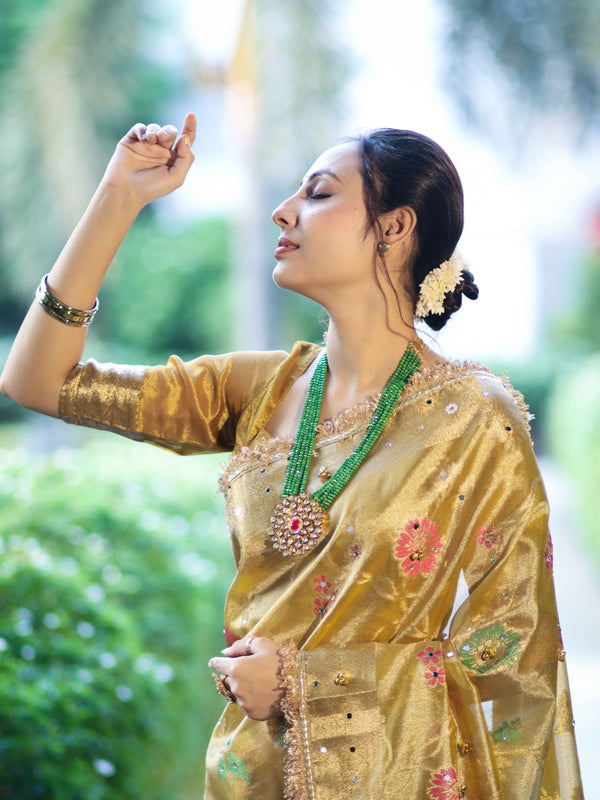 Banarasee Tissue Hand Embroidered Mirror Work Saree With Zari Resham & Ghungroo Work-Yellow
