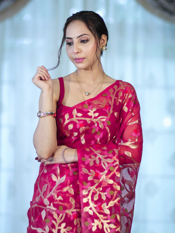 Banarasee Handloom Organza Mix Saree With Zari Woven Design-Pink