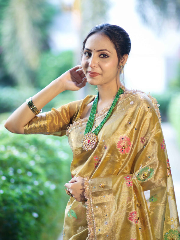 Banarasee Tissue Hand Embroidered Mirror Work Saree With Zari Resham & Ghungroo Work-Yellow