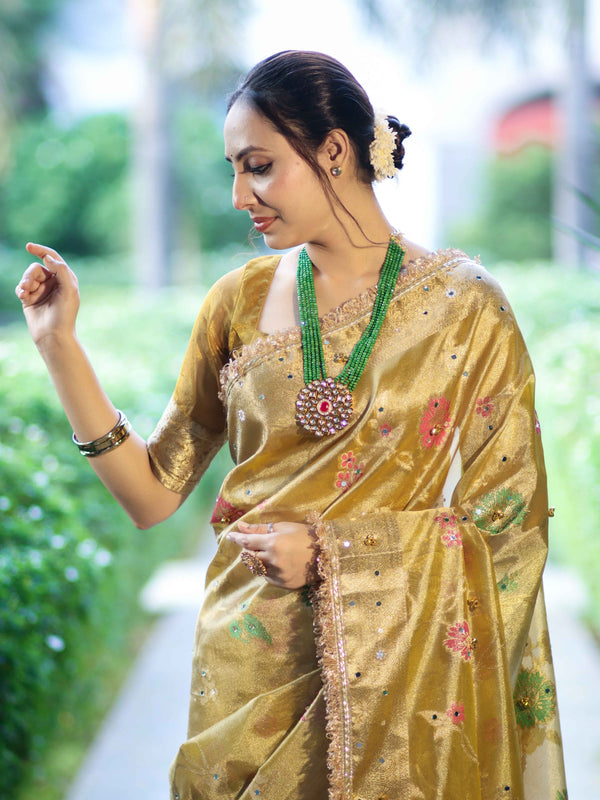 Banarasee Tissue Hand Embroidered Mirror Work Saree With Zari Resham & Ghungroo Work-Yellow