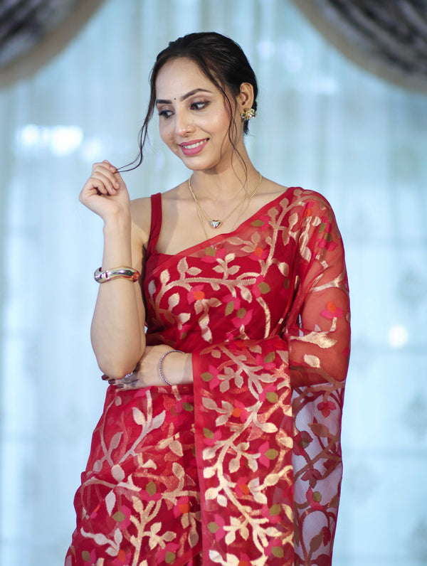 Banarasee Handloom Organza Mix Saree With Zari Woven Design-Maroon