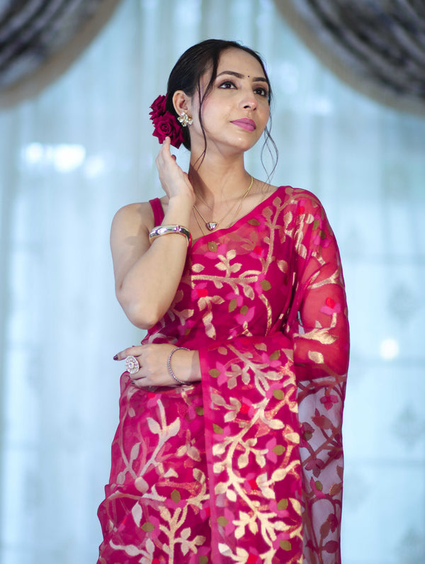 Banarasee Handloom Organza Mix Saree With Zari Woven Design-Pink