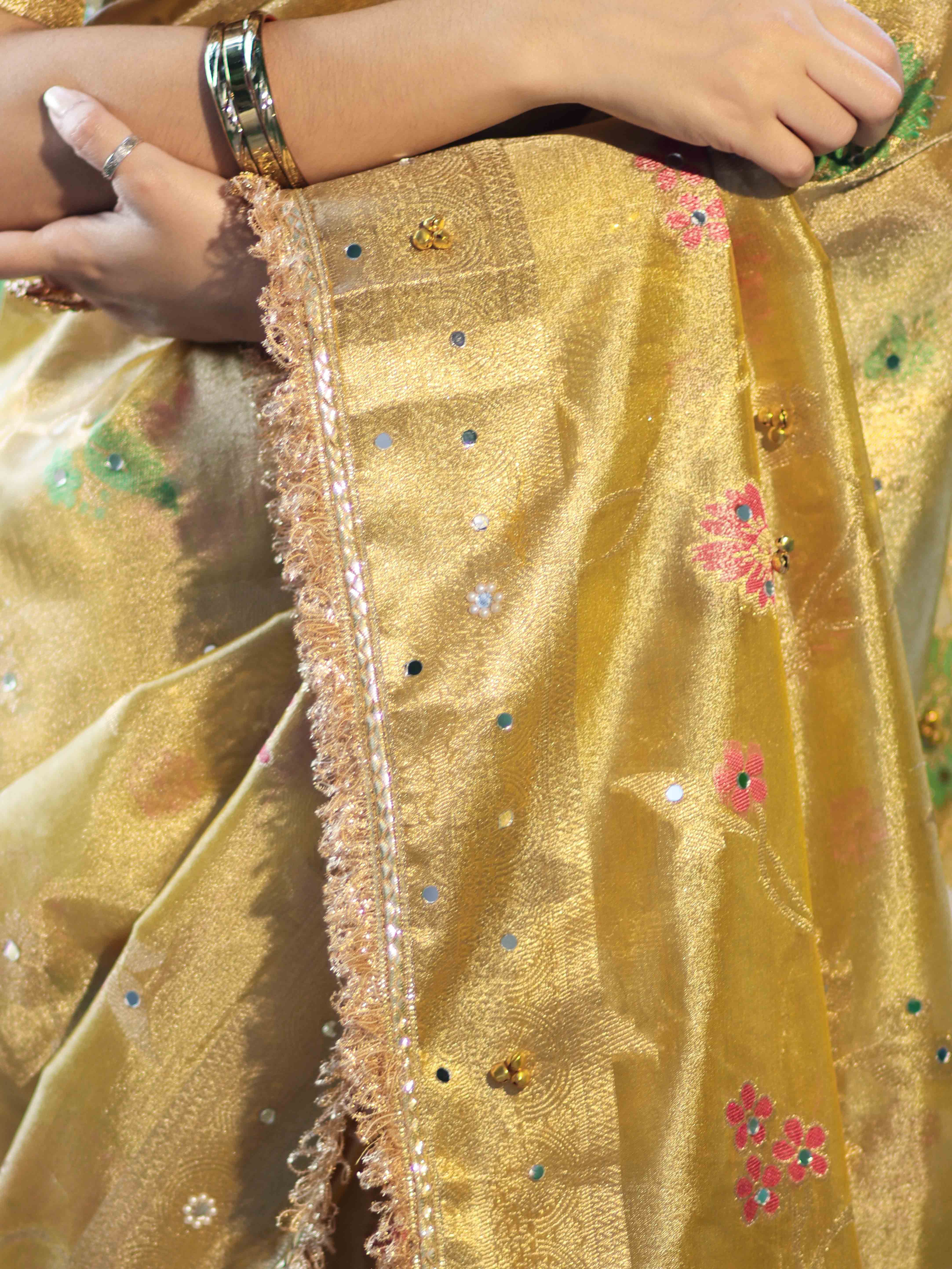 Banarasee Tissue Hand Embroidered Mirror Work Saree With Zari Resham & Ghungroo Work-Yellow